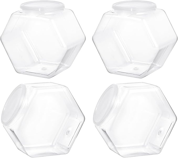 4 PCS Hexagon Plastic Jars, Clear Cookie Jars with Lids, Reusable Coffee Candy Display for Snacks, Cookie, Dog Treats, Coffee Pod(30 OZ)