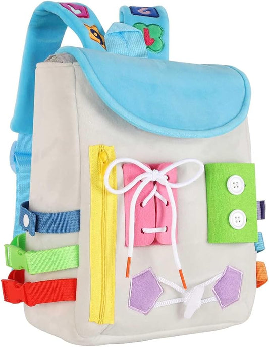 Busy Board - Toddler Backpack with Buckles and Learning Activity Toys - Develop Fine Motor Skills and Basic Life Skills - Learn to Tie Shoes - Children's Travel Toy (Grey)