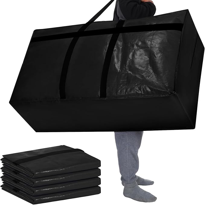 Windyun 4 Pack 98 Gallon Extra Large Storage Bags XXL Moving Bags with Zipper Handles Heavy Duty Jumbo Big Totes Box for Halloween Skeleton 4-12 Feet Christmas Tree Storage College Dorm Cloth (Black)
