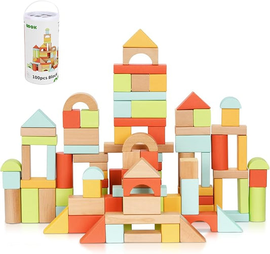 100pcs Building Blocks for Toddlers 1-3, Wooden Blocks for Kids with Storage Bucket and Shape Sorter Lid, Montessori Toys for 1 2 3 Year Old, Learning Toys for Preschool Girls and Boys