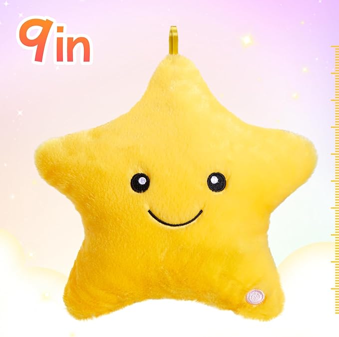 WEWILL 9'' LED Twinkle Star Soft Plush Pillow Toys Glowing Stuffed Star Light up Pillow Plush with Colorful Night Lights Birthday for Toddler Kids(Yellow)