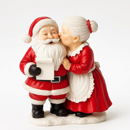 iStatue Mr. & Mrs. Santa Claus Resin Figurines Set of 2 – Hand-Painted Christmas Decorations Couple Kissing Pose Vintage Red & White Holiday Mantel Tabletop Décor (Red Santa Couple)