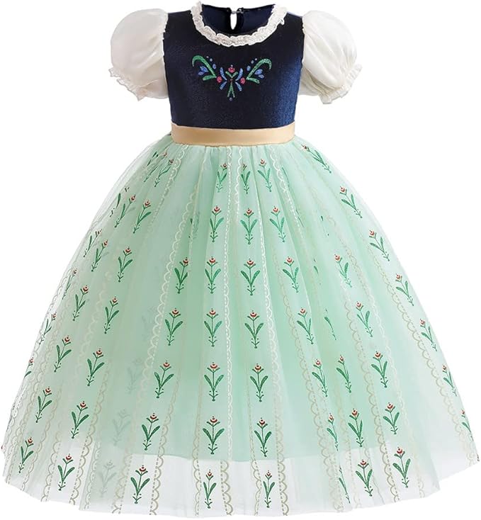 REXREII Girls Anna Princess Costume Frozen Elsa Snow Queen Dress Halloween Cosplay Xmas Birthday Party Gown (w/Accessories)