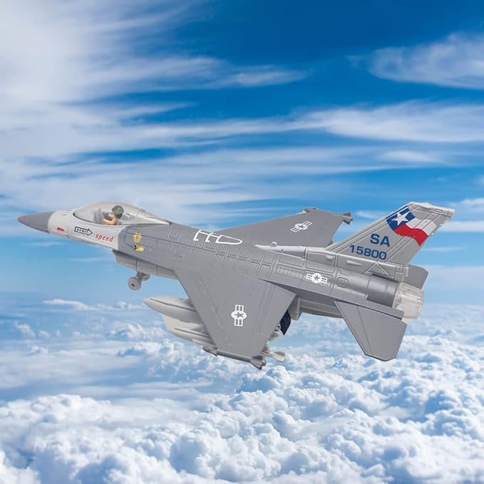 Ailejia Diecast F 16 Fighting Falcon Airplane Model Aircraft Army Air Force Toys Military Plane Pull Back with Lights and Sounds (F 16 Grey)