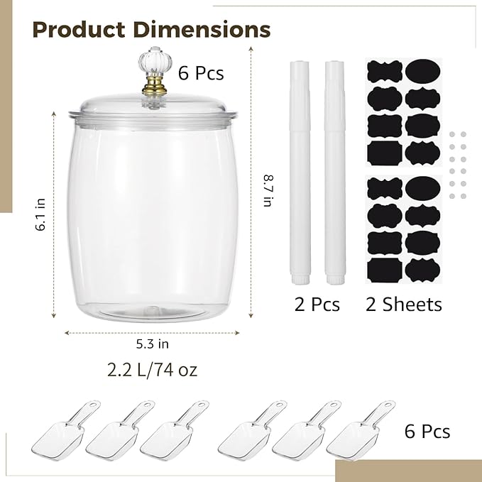 6 Pcs Candy and Cookie Jars, 74 oz Transparent Plastic Jars with Lids, Decorative Storage Containers with Scoops, Labels, and Markers, Airtight Food Canisters for Candy Buffets, Kitchens