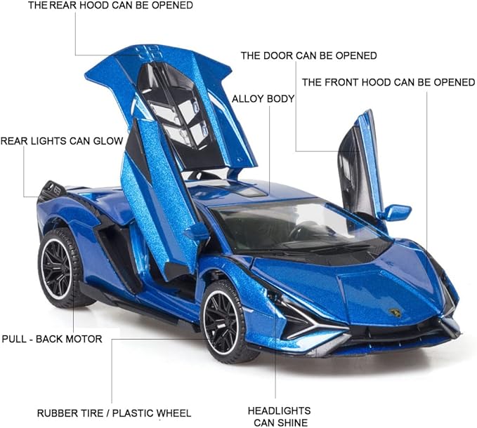 Diecast Toy Car Sian FKP37 Sports Model Car,Zinc Alloy Simulation Casting Pull Back Vehicles,1:32 Scale Supercar Toys with Lights and Music Sound for Toddlers Kids Children Boys Girls Gift (Blue)