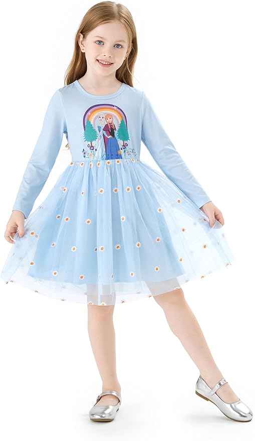 Disney Frozen Elsa Princess Cinderella Ariel Jasmine Rapunzel Baby/Toddler Dress, Ruffle Long-Sleeve Mesh Overlay Tulle Dress