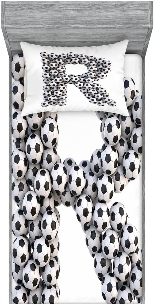 Ambesonne Letter R 2 Pack Fitted Sheet & Pillow Sham Set, Soccer Theme Sports, 4 Pcs Bedding Decor, Package Contains 2 Twin Size Fitted Sheets & 2 Pillow Covers, White Black