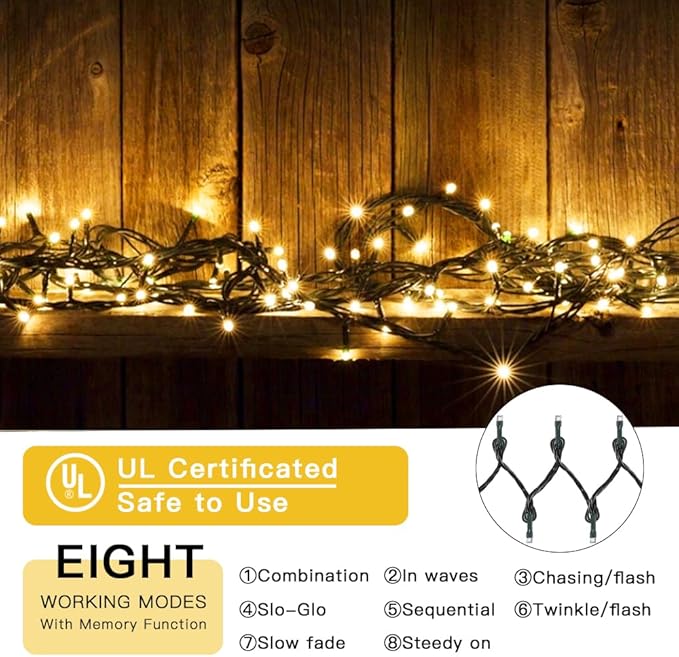 LetsFunny 300 LED Christmas String Lights, 108FT - UL Certified Outdoor & Indoor Fairy Lights for Tree, Patio, Garden, Party, Wedding, Halloween, Holiday Decor with 8 Lighting Modes