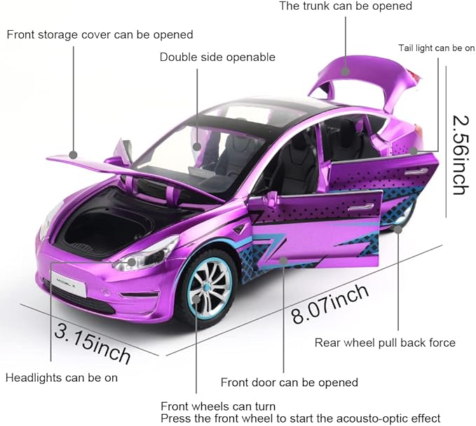 Zinc Alloy Model 3 Car Model,1:24 Scale Simulation Casting car Model Pull Back Diecast Toy Car, Mini Vehicles Toys with Lights and Music for Toddlers Kids Children Birthday Gift(Purple)