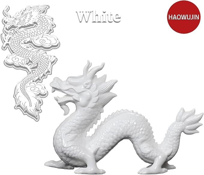 8.1in Large Chinese Dragon Statue, Dragon Figurines for Adults, Chinese Feng Shui Wealth Lucky Dragon Statue Table Top Ornament Decoration for Home, Office, Livingroom, Bedroom, Bookshelf, White