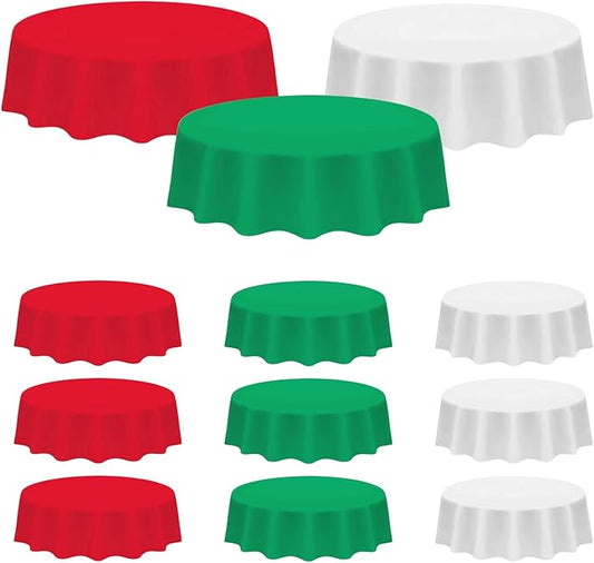 12 Pack Christmas Round Tablecloths, 84 Inch Disposable Plastic Table Covers for Xmas Party Decoration, Red White Green Waterproof Circle Table Cloth Bulk for New Year Wedding Family Gathering Banquet