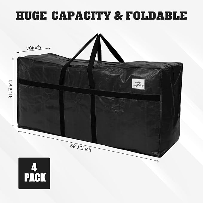 Windyun 4 Pack 177 Gallon Extra Large Storage Bags XXL Moving Bags with Zipper Handles Heavy Duty Jumbo Big Totes Box for Halloween Skeleton 4-12 Feet Christmas Tree Storage College Dorm Cloth (Black)