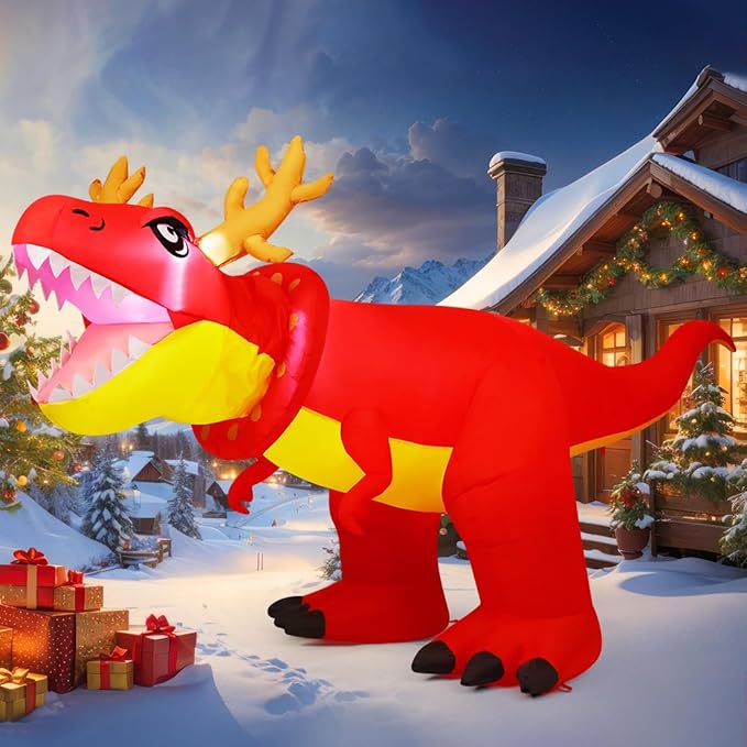 COMIN 9.5FT Christmas Inflatables Dinosaur Outdoor Yard Decoration Xmas Shakable Dino Blow Up with Built-in LEDs for Indoor Party Lawn Garden Decor