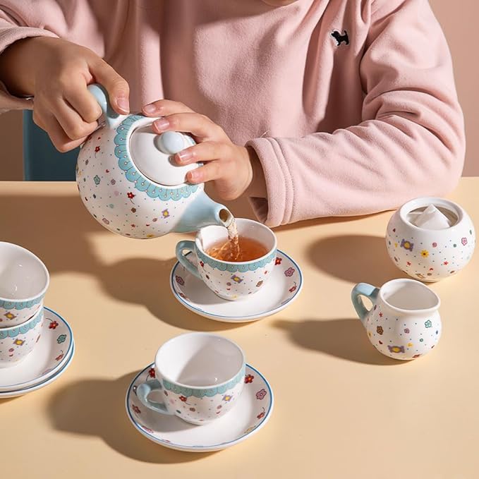Sweejar Porcelain Tea Set for Little Girls,Kitchen Toys Tea Party Set for Kids Toddler Kitchen Pretend Toy Include Children Teapot, Cup & Saucer Sugar Bowl and Cream Pitcher(Sweet)