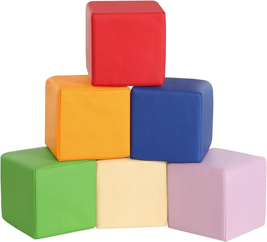 Foam Building Toys for Toddlers: 6Pcs Waterproof PU Leather Soft Foam Blocks - Colorful Large Stacking Blocks - Early Learning Construction Play Set for Kids Indoor Birthday Gift Preschool (Rainbow)