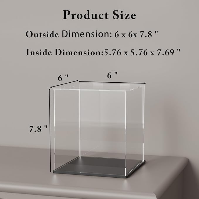 Acrylic Display Case with Black Base, Self-Assembly Clear Acrylic Display Box with Lid, 6 Inch (L&W) X 7.8 Inch (H) Cube Countertop Box for Collectibles, Organization & Showcase (6x6x7.8 inch)