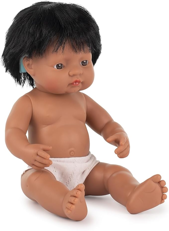 Miniland Doll 15'' Hispanic Boy with Hearing Implant (Polybag) - Made in Spain, Anatomically Correct, Quality, Inclusion