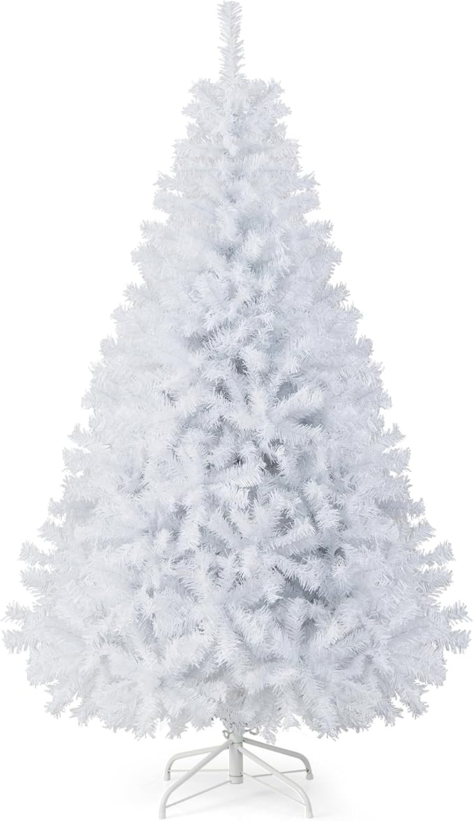 GOFLAME 6FT White Christmas Tree, Artificial Hinged Christmas Tree with 1000 PVC Branch Tips and Folding Metal Stand, Indoor Outdoor Xmas Decoration Tree for Home Office Party, Easy Setup