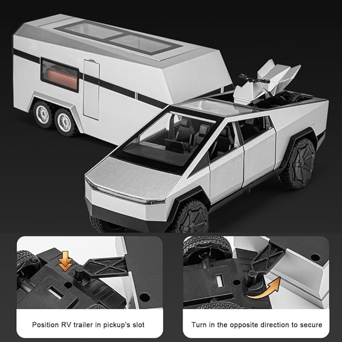 1/32 Toy Trucks with RV Motor for Kids Adults Gift, Alloy Metal Pickup Trailer RV Model Toy, Diecast Truck Model Pickup Truck Toy Car with Sound and Light