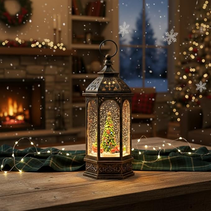 Christmas Snow Globe Lantern Octagon Rotating Train Christmas Tree Scene Music Box, USB and Battery Powered Christmas Decorations Presents.