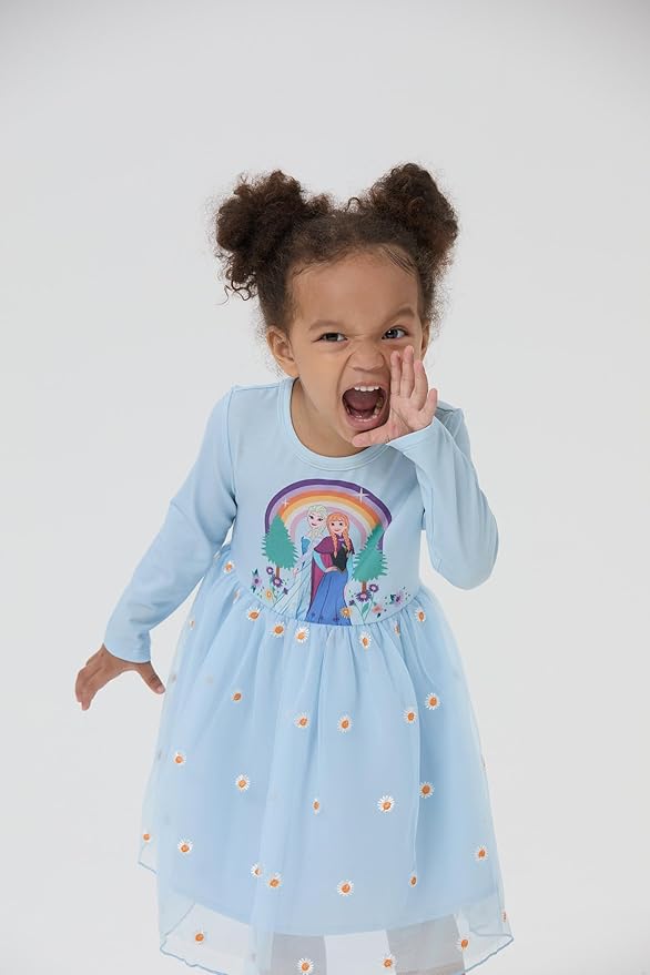 Disney Frozen Elsa Princess Cinderella Ariel Jasmine Rapunzel Baby/Toddler Dress, Ruffle Long-Sleeve Mesh Overlay Tulle Dress