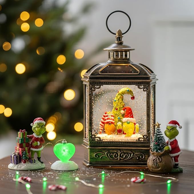 Musical Snow Globe Lantern Lighted Whimsical Christmas Tree & Gnomes Santa Elf Snow Water Lantern with Swirling Glittering Home Decoration and Gift, Battery Operated or USB Powered