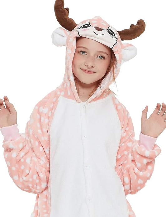 Kid Reindeer Onesie Pajamas Deer Christmas Halloween Costume Boy Girl Animal Onepiece (Pink, 120)