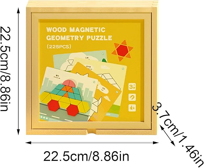 Pattern Blocks, Creative Learning Design, 22.5x22.5x3.7cm, Wooden Magnetic Educational Toys, STEM Tangram Shape Block Set, Exciting to Play, for Kids Boys Girls Home Travel Classroom