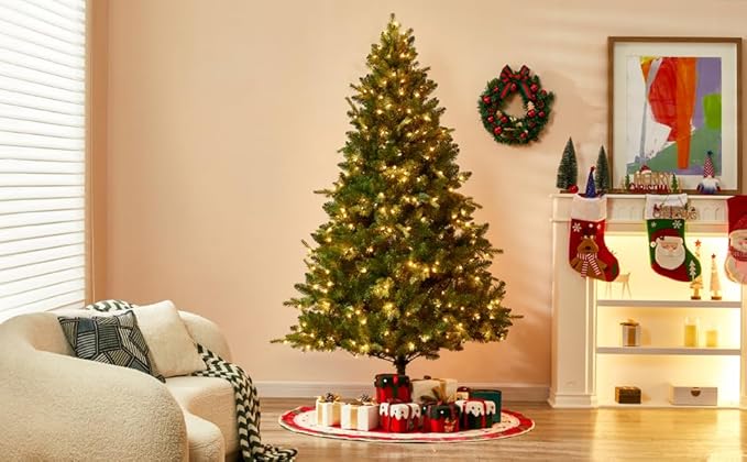 Eclolumi6.5 FT Christmas Trees with Lights, Pre-Lit Green Artificial Hinged Spruce Christmas Tree with 1428 Tips, 450 LED for Home, Party Decoration (Green 6.5FT)