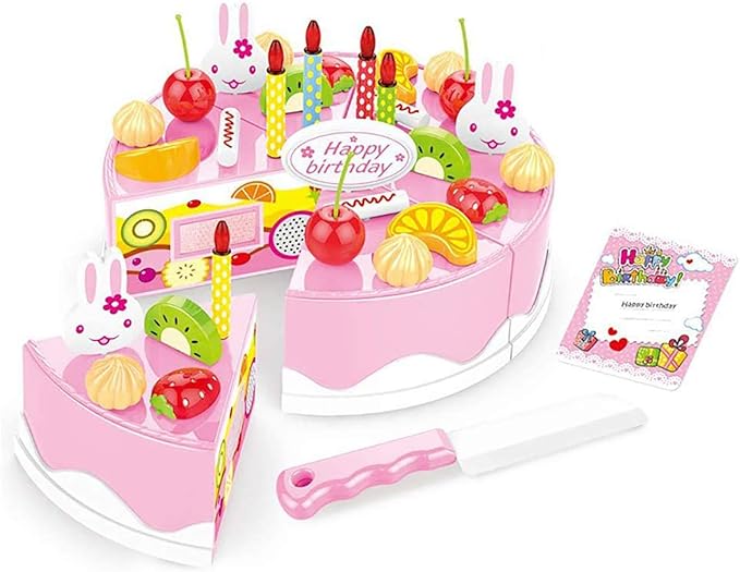 38 PCS DIY Cutting Birthday Party Cake Pretend Play Kitchen Food Set, Pink/Blue Fruit Cutting Toys for Girls Boys Gift (38PCS Pink)
