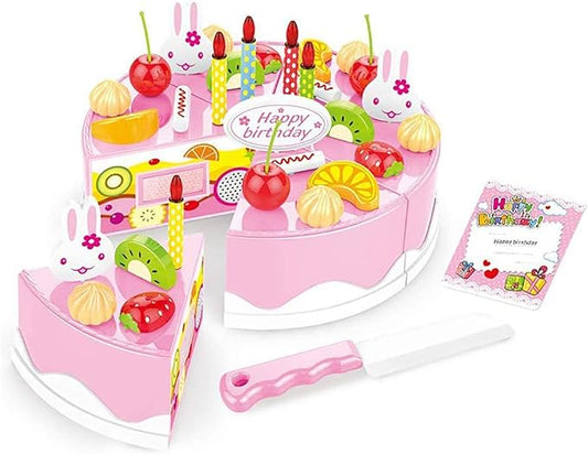38 PCS DIY Cutting Birthday Party Cake Pretend Play Kitchen Food Set, Pink/Blue Fruit Cutting Toys for Girls Boys Gift (38PCS Pink)