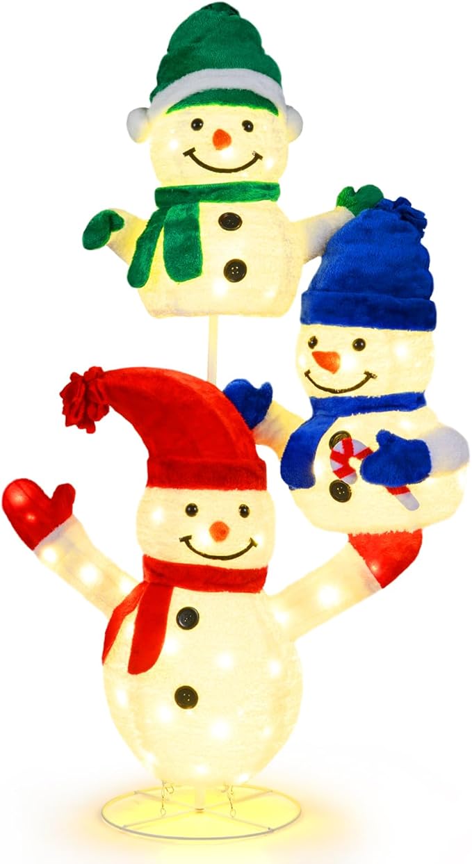 Tangkula 5 FT Christmas Lighted 3 Stacked Snowman Decoration, 3D Light-up Snowman with Ground Stakes & Zip Ties, Pre-Lit Xmas Holiday Snowman Decoration for Indoor Outdoor Home Yard