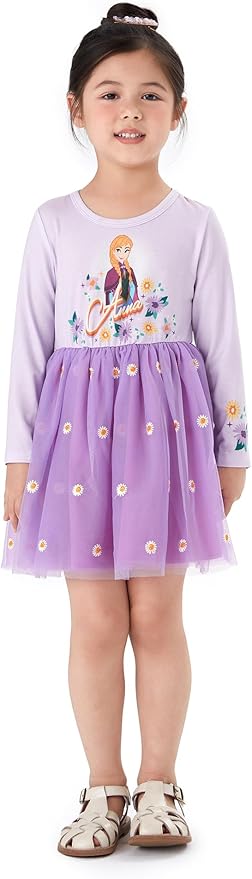 Disney Frozen Elsa Princess Cinderella Ariel Jasmine Rapunzel Baby/Toddler Dress, Ruffle Long-Sleeve Mesh Overlay Tulle Dress