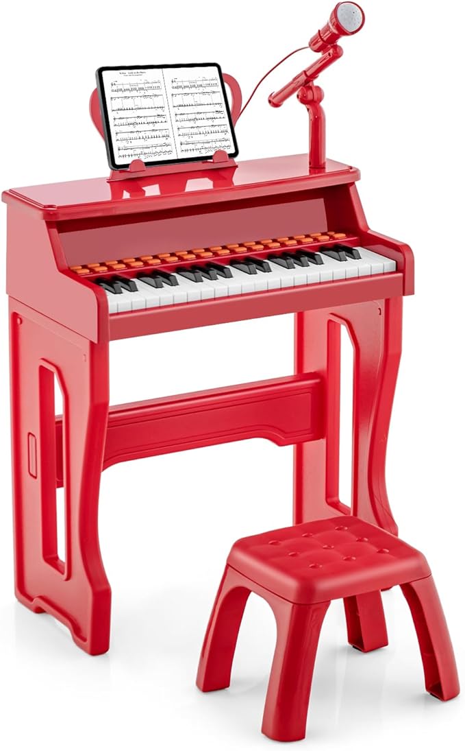 HONEY JOY Kids Piano, 37-Key Red Kids Keyboard Piano w/ Music Stand & Bench, Gift for Babies w/ Microphone, Portable Electronic Educational Musical Instrument, Toddler Piano for Girls Boys