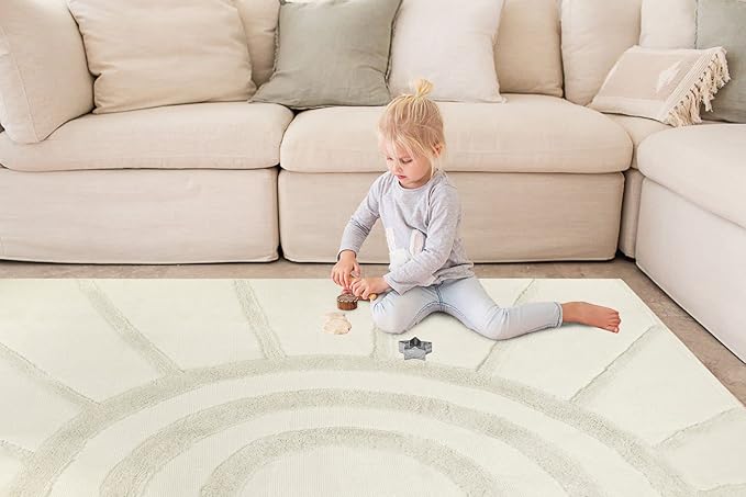 OJIA Boho Area Rug 4' X 6' Tufted Cotton Living Room Rug Hand Woven Machine Washable Rugs Farmhouse Tribal Sun Rug Floor Carpet Accent Rugs for Bedroom Nursery Room Dining Room