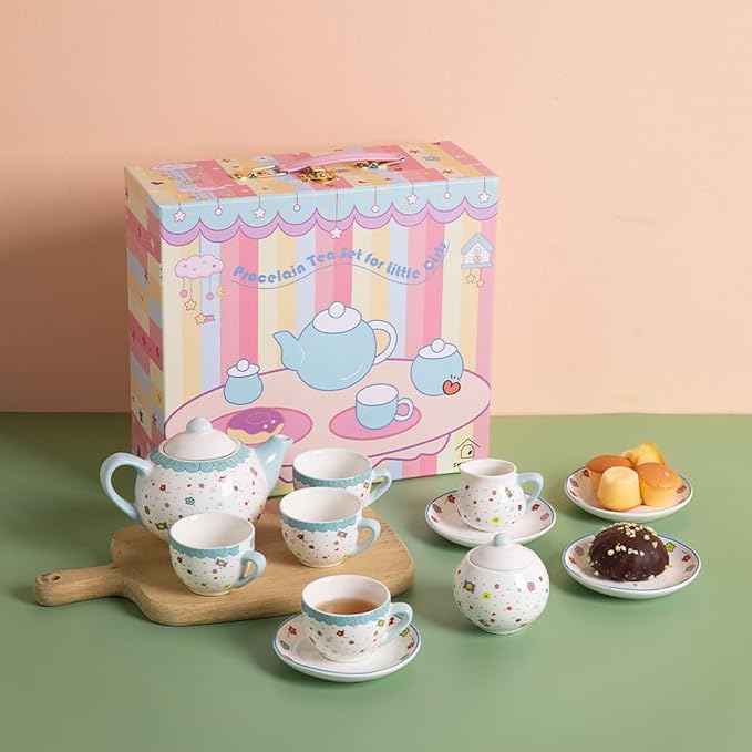 Sweejar Porcelain Tea Set for Little Girls,Kitchen Toys Tea Party Set for Kids Toddler Kitchen Pretend Toy Include Children Teapot, Cup & Saucer Sugar Bowl and Cream Pitcher(Sweet)