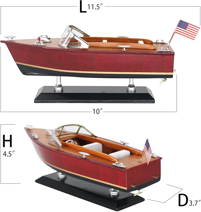 10" Wooden Speedboat Model Ship Sailing runabout 1/27 Scale Replica Nautical Decoration (10”, Burgundy)