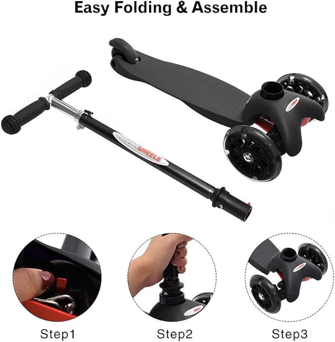 ChromeWheels Scooter for Kids, Deluxe 3 Wheel Scooter for Toddlers 4 Adjustable Height Glider with Kick Scooters, Lean to Steer with LED Flashing Light for Ages 3-6 Girls Boys
