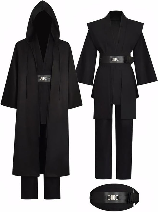 Mens Cosplay Costume Black Tunic Hooded Cloak Robe Uniform Suit Halloween Outfit