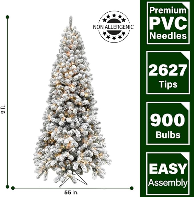 Fraser Hill Farm Alaskan Flocked Christmas Tree, 9 Feet Tall, Faux Tree with White Incandescent Smart Lights, Lights with Easy to Connect and Set up Features, Modern Holiday Décor