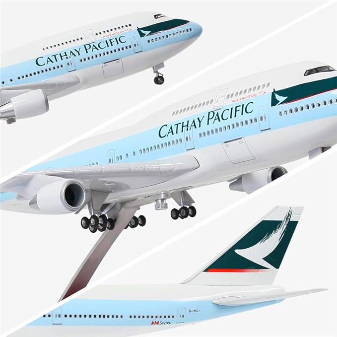 24-Hours 18” 1:130 Scale Model Airplane Private Jet Model HK Cathay Pacific B747 Planes Model Kits Display Diecast Airplane Model for Adults with LED Light(Touch or Sound Control)