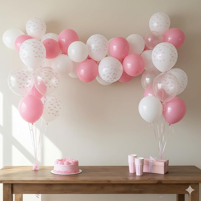 Pink Bow Balloons, 12 Inch Pastel Light Pink Transparent White Bow Print Coquette Balloon for Girls Women Birthday Bachelorette Party Bridal Baby Shower Wedding Anniversary Decorations Supplies