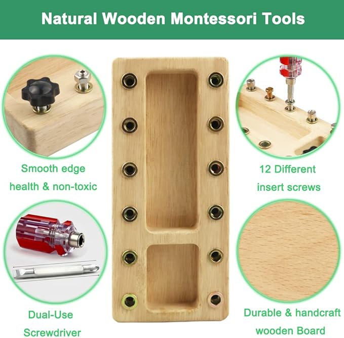 Montessori Screwdriver Board Set, Wooden Montessori Toy Tool for 3 4 5 Year Old Kids, Educational Screw Board Sensory Learning Toys STEM Fine Motor Skills Toys