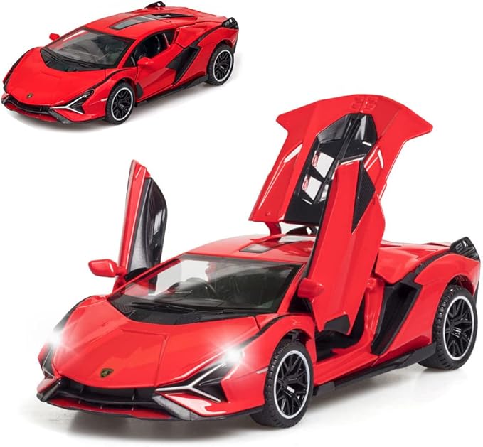 Diecast Toy Car Sian FKP37 Sports Model Car,Zinc Alloy Simulation Casting Pull Back Vehicles,1:32 Scale Supercar Toys with Lights and Music Sound for Toddlers Kids Children Boys Girls Gift (Red)