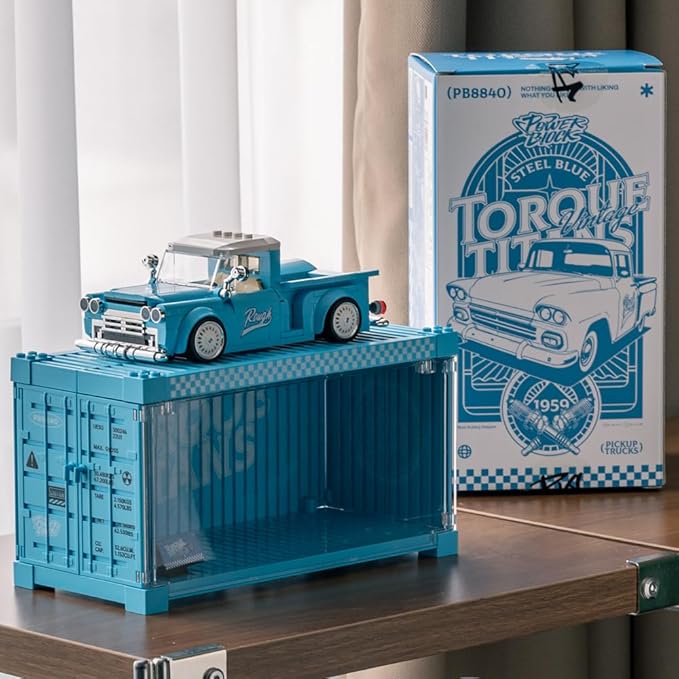 PB8840 1:32 Blue Retro Pickup Truck Buliding Blocks Set, 297 Pieces Scale Model Car Container Display Box, Clamping Blocks Toy Gift for Adults
