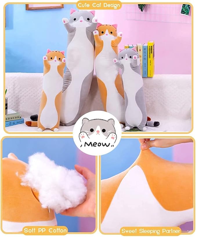 Cute Cat Plush Long Body Pillow Cuddle Cartoon Stuffed Animals Cat Plushie Soft Doll Pillows Gifts for Kids Girls(Gray, 35 Inches), 1 Count (Pack of 1)