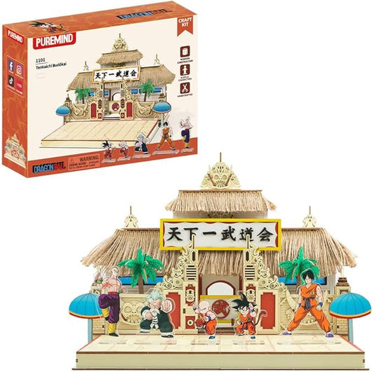 PUREMIND Dragon Ball Tenkaichi Budōkai Wooden Puzzle Kit - Officially Licensed Dragon Anime Tournament World Martial Arts Stage Model with 5 Character Standees Building Set for Adults, Display & Gift