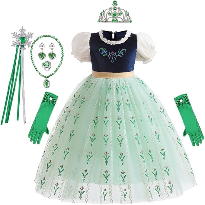 REXREII Girls Anna Princess Costume Frozen Elsa Snow Queen Dress Halloween Cosplay Xmas Birthday Party Gown (w/Accessories)