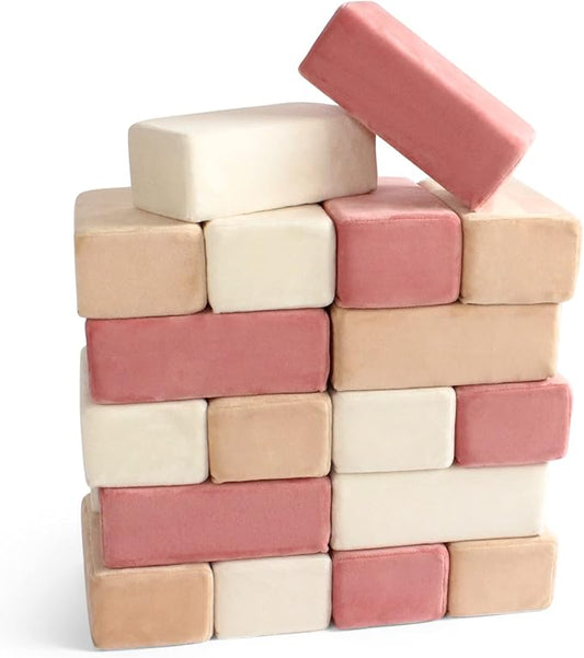 Set of 24 Soft Building Blocks for Kids - Fabric Covered Toy Foam Blocks for Stacking, Play Time, Making Structures - Promotes Gross Motor Skills - 8.25x4.25x3 (Rose Pack)